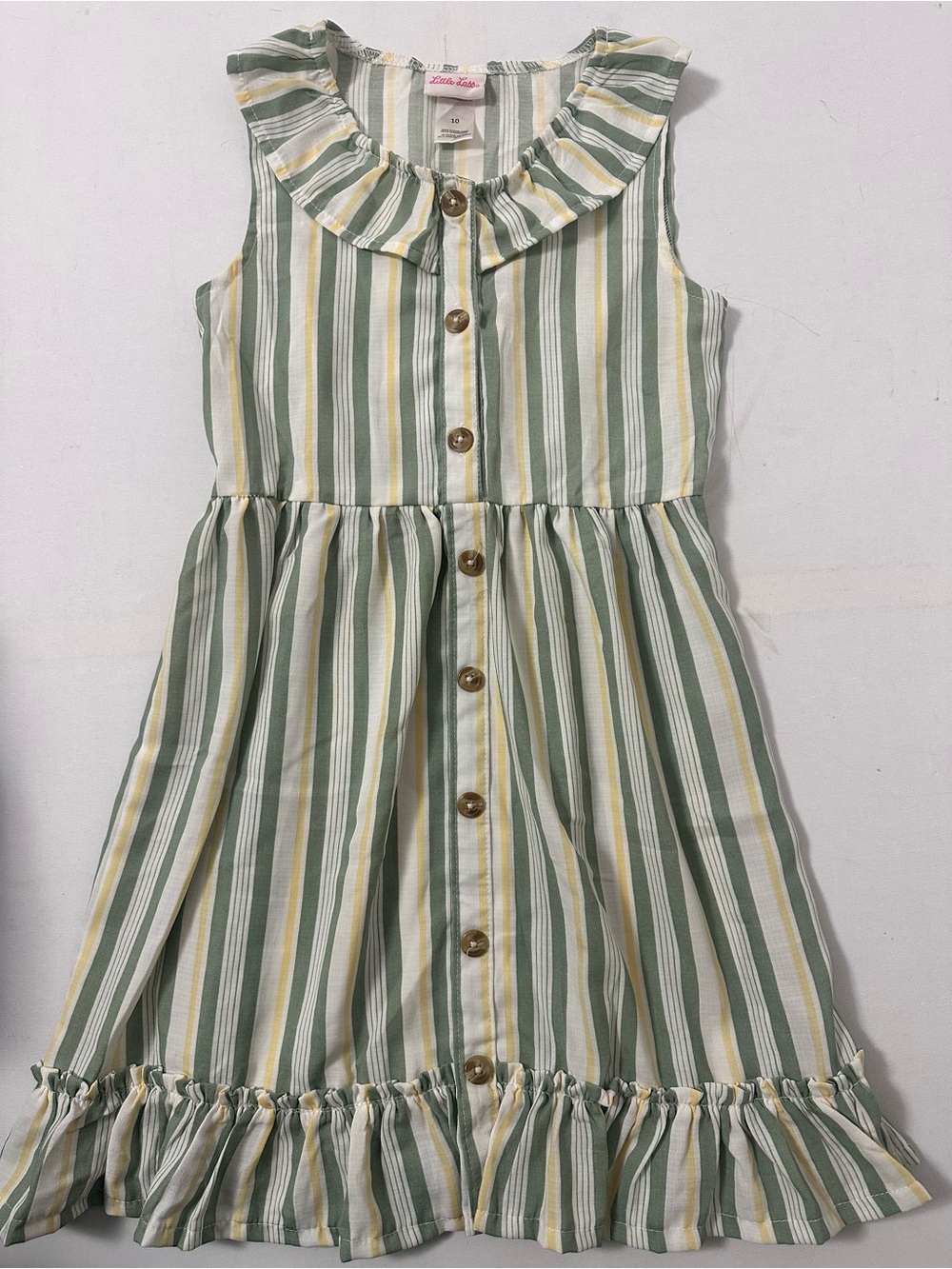 Little Lass Green & Yellow Striped Ruffle-Trim Dress